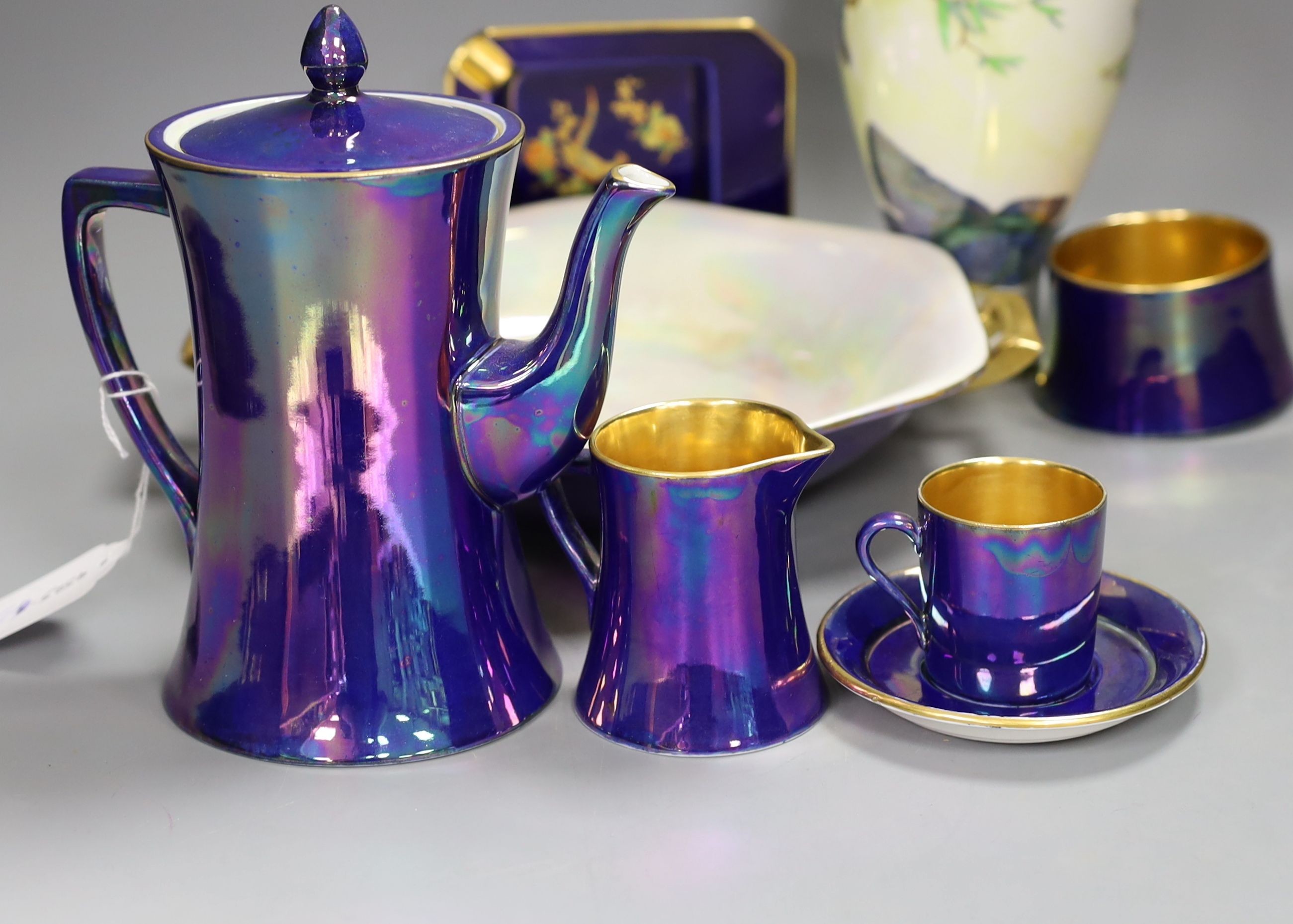 A Carlton ware lustre coffee set for six, two handled bowl, ash tray and ‘kingfisher’ vase and cover, 24cm tall